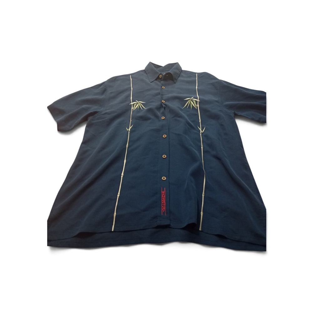 Bamboo Cay Mens Navy Blue Embroidered Bamboo Modal Blend Camp Shirt Size M
